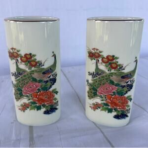 Pair of Vintage Japanese Gold Trim Porcelain Peacock Vases